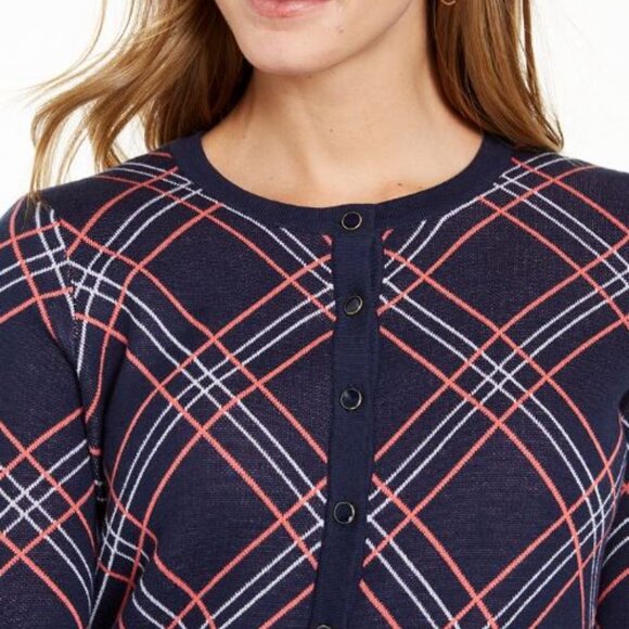 CHARTER CLUB - Navy blue/white/pink plaid cotton blend cardigan - Picture 4 of 12